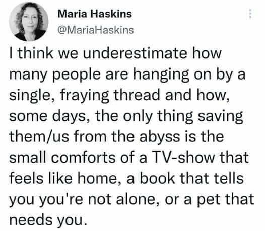 Post by Maria Haskins 

I think we underestimate how many people are hanging on by a single,  fraying thread and how, some days, the only thing saving them/us from the abyss is the small comforts of a TV show that feels like home, a book that tells you are not alone,  or a pet that needs you.